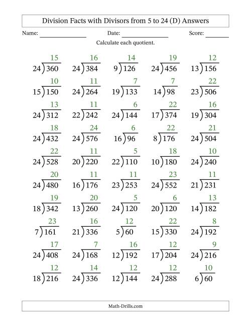 The Division Facts with Divisors and Quotients from 5 to 24 with Long Division Symbol/Bracket (D) Math Worksheet Page 2