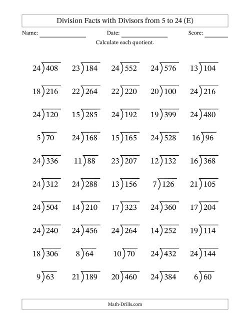 The Division Facts with Divisors and Quotients from 5 to 24 with Long Division Symbol/Bracket (E) Math Worksheet