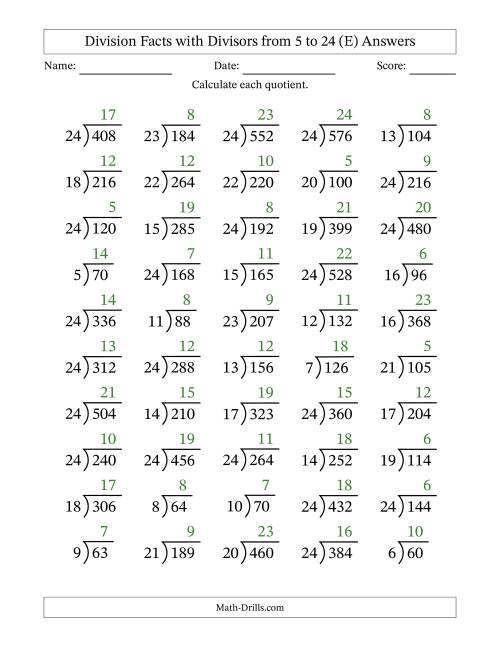 The Division Facts with Divisors and Quotients from 5 to 24 with Long Division Symbol/Bracket (E) Math Worksheet Page 2