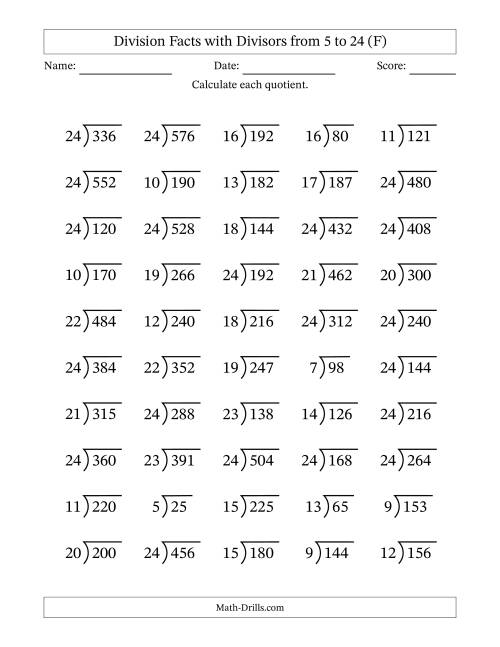 The Division Facts with Divisors and Quotients from 5 to 24 with Long Division Symbol/Bracket (F) Math Worksheet