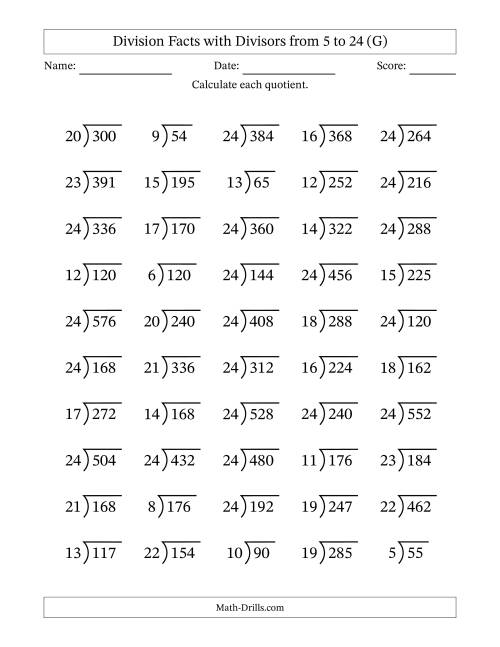 The Division Facts with Divisors and Quotients from 5 to 24 with Long Division Symbol/Bracket (G) Math Worksheet