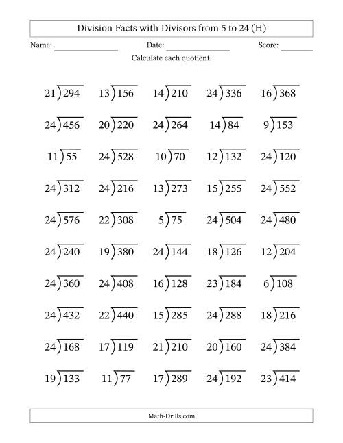 The Division Facts with Divisors and Quotients from 5 to 24 with Long Division Symbol/Bracket (H) Math Worksheet