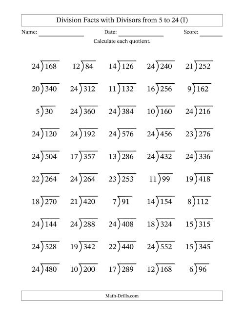 The Division Facts with Divisors and Quotients from 5 to 24 with Long Division Symbol/Bracket (I) Math Worksheet