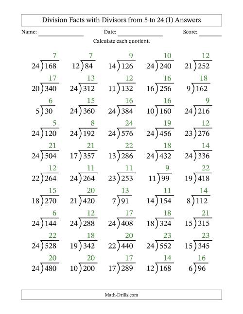 The Division Facts with Divisors and Quotients from 5 to 24 with Long Division Symbol/Bracket (I) Math Worksheet Page 2