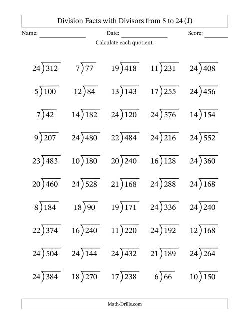 The Division Facts with Divisors and Quotients from 5 to 24 with Long Division Symbol/Bracket (J) Math Worksheet