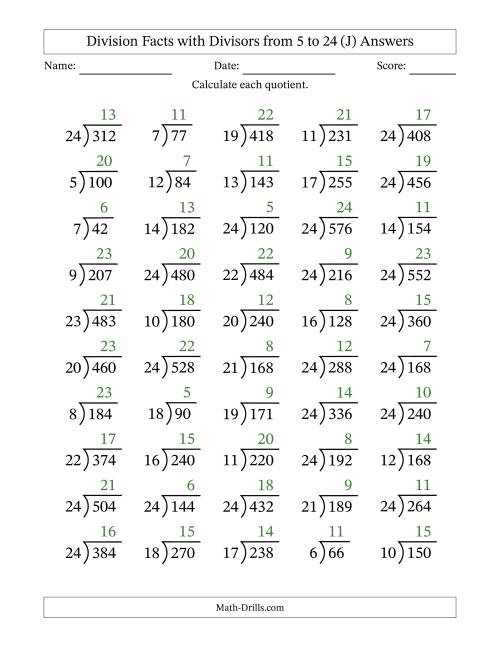 The Division Facts with Divisors and Quotients from 5 to 24 with Long Division Symbol/Bracket (J) Math Worksheet Page 2