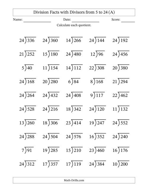 The Division Facts with Divisors and Quotients from 5 to 24 with Long Division Symbol/Bracket (All) Math Worksheet