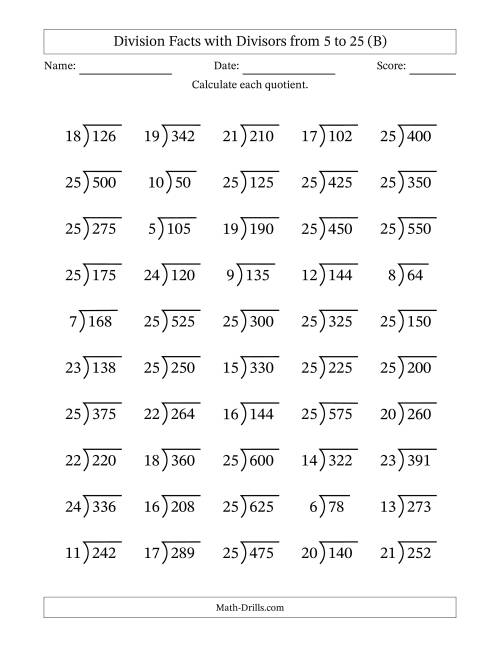 The Division Facts with Divisors and Quotients from 5 to 25 with Long Division Symbol/Bracket (B) Math Worksheet