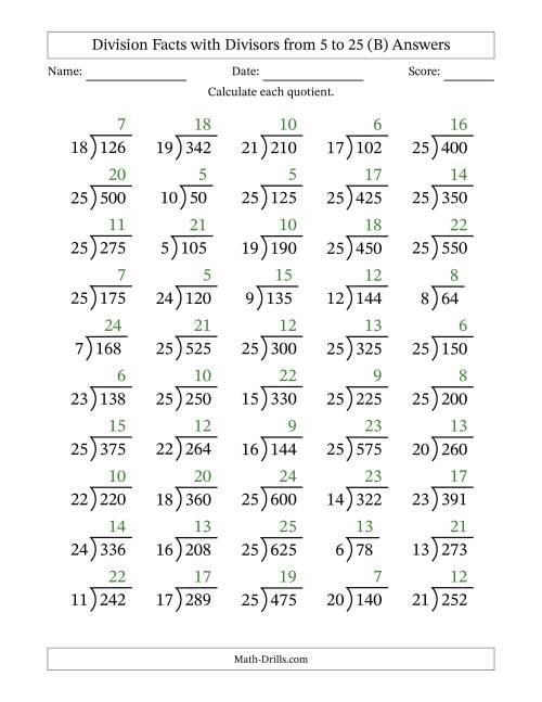 The Division Facts with Divisors and Quotients from 5 to 25 with Long Division Symbol/Bracket (B) Math Worksheet Page 2