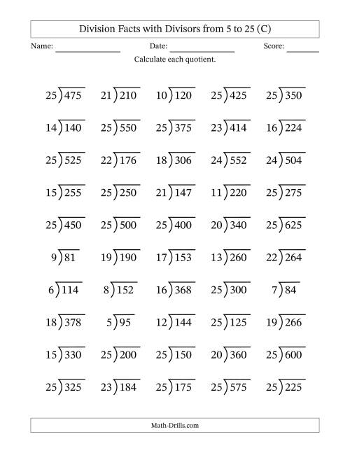 The Division Facts with Divisors and Quotients from 5 to 25 with Long Division Symbol/Bracket (C) Math Worksheet