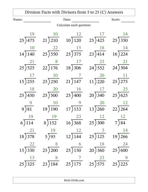 The Division Facts with Divisors and Quotients from 5 to 25 with Long Division Symbol/Bracket (C) Math Worksheet Page 2