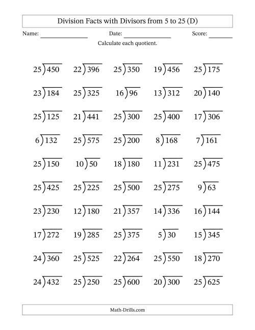 The Division Facts with Divisors and Quotients from 5 to 25 with Long Division Symbol/Bracket (D) Math Worksheet