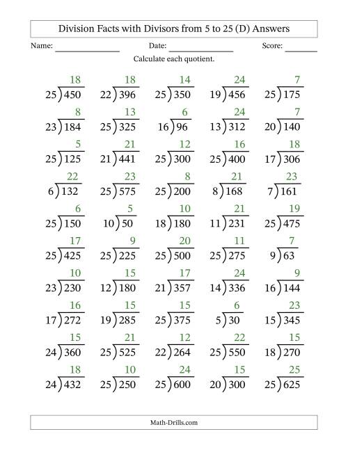 The Division Facts with Divisors and Quotients from 5 to 25 with Long Division Symbol/Bracket (D) Math Worksheet Page 2