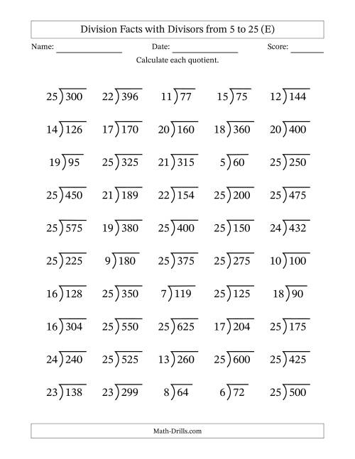 The Division Facts with Divisors and Quotients from 5 to 25 with Long Division Symbol/Bracket (E) Math Worksheet