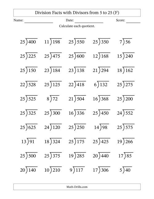 The Division Facts with Divisors and Quotients from 5 to 25 with Long Division Symbol/Bracket (F) Math Worksheet