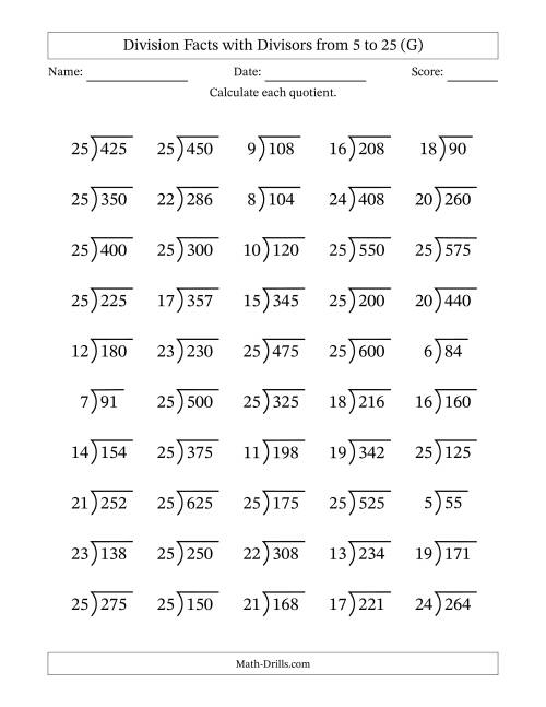 The Division Facts with Divisors and Quotients from 5 to 25 with Long Division Symbol/Bracket (G) Math Worksheet