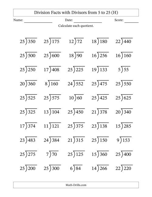 The Division Facts with Divisors and Quotients from 5 to 25 with Long Division Symbol/Bracket (H) Math Worksheet