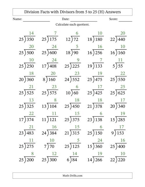The Division Facts with Divisors and Quotients from 5 to 25 with Long Division Symbol/Bracket (H) Math Worksheet Page 2