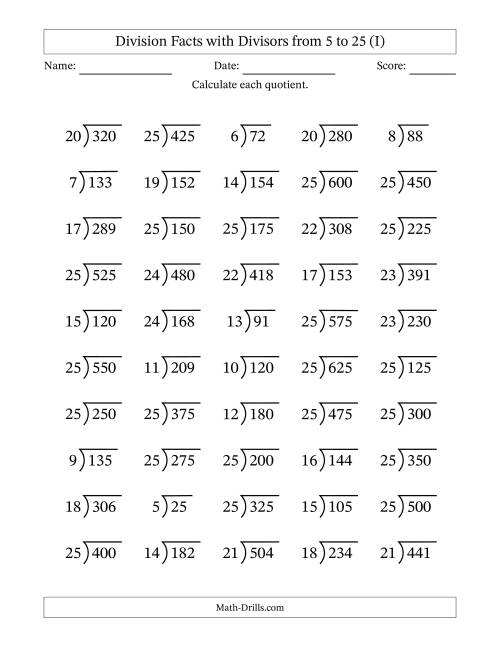 The Division Facts with Divisors and Quotients from 5 to 25 with Long Division Symbol/Bracket (I) Math Worksheet