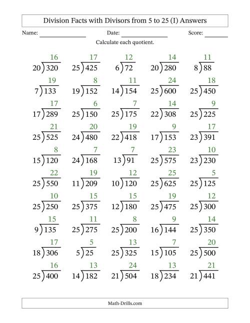 The Division Facts with Divisors and Quotients from 5 to 25 with Long Division Symbol/Bracket (I) Math Worksheet Page 2