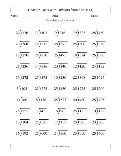 The Division Facts with Divisors and Quotients from 5 to 25 with Long Division Symbol/Bracket (J) Math Worksheet