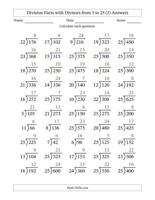 The Division Facts with Divisors and Quotients from 5 to 25 with Long Division Symbol/Bracket (J) Math Worksheet Page 2