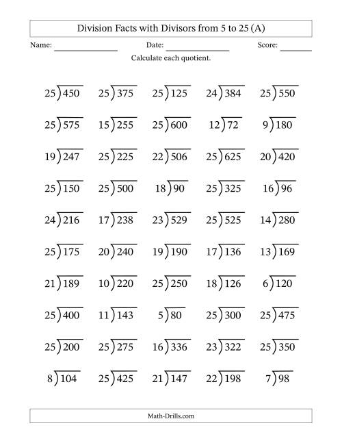 The Division Facts with Divisors and Quotients from 5 to 25 with Long Division Symbol/Bracket (All) Math Worksheet