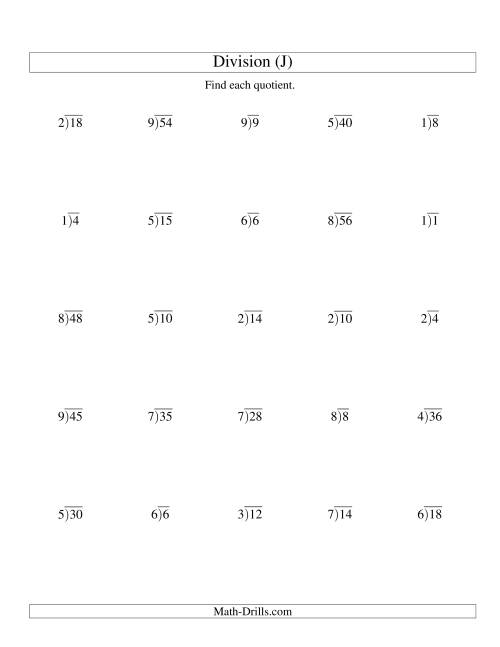 The Long Division - One-Digit Divisor and a One-Digit Quotient with No Remainder (J) Math Worksheet