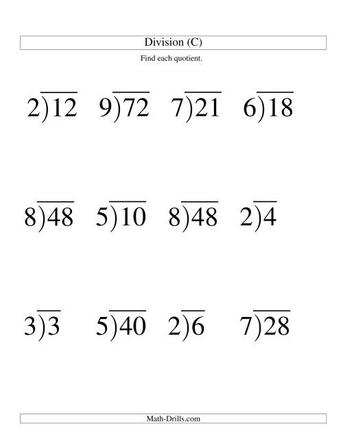 The Long Division - One-Digit Divisor and a One-Digit Quotient with No Remainder -- Large Print (C) Math Worksheet