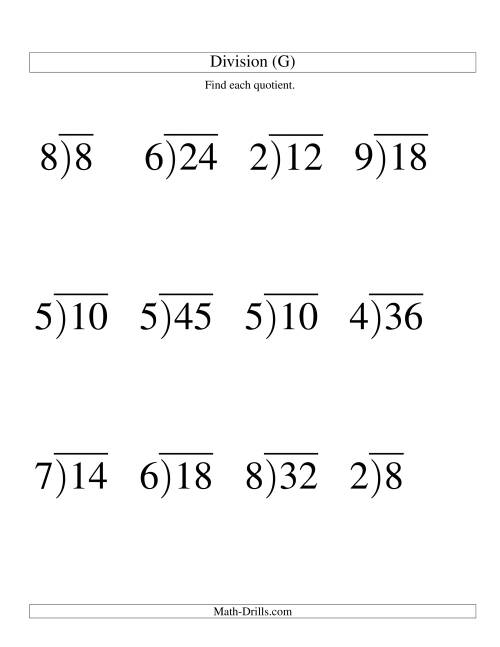 The Long Division - One-Digit Divisor and a One-Digit Quotient with No Remainder -- Large Print (G) Math Worksheet