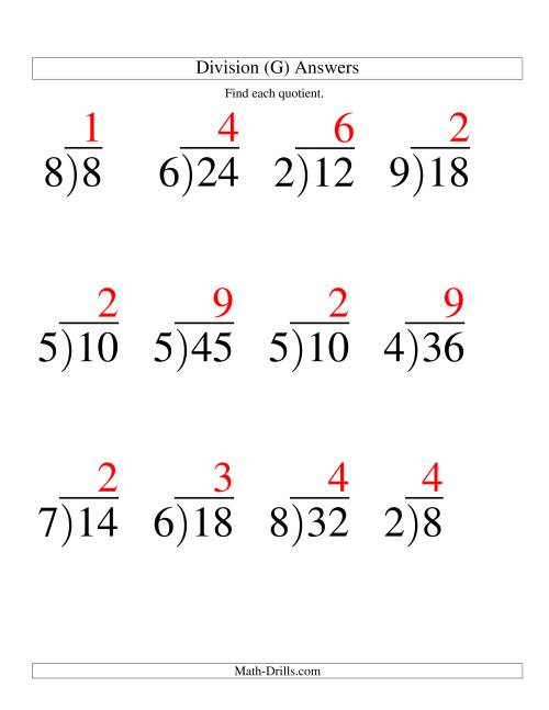 The Long Division - One-Digit Divisor and a One-Digit Quotient with No Remainder -- Large Print (G) Math Worksheet Page 2