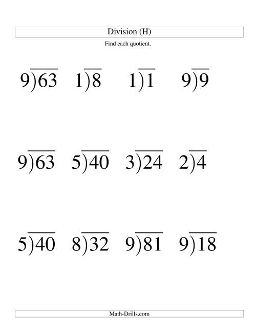 The Long Division - One-Digit Divisor and a One-Digit Quotient with No Remainder -- Large Print (H) Math Worksheet