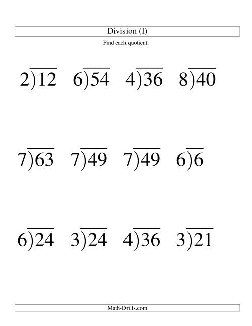 The Long Division - One-Digit Divisor and a One-Digit Quotient with No Remainder -- Large Print (I) Math Worksheet