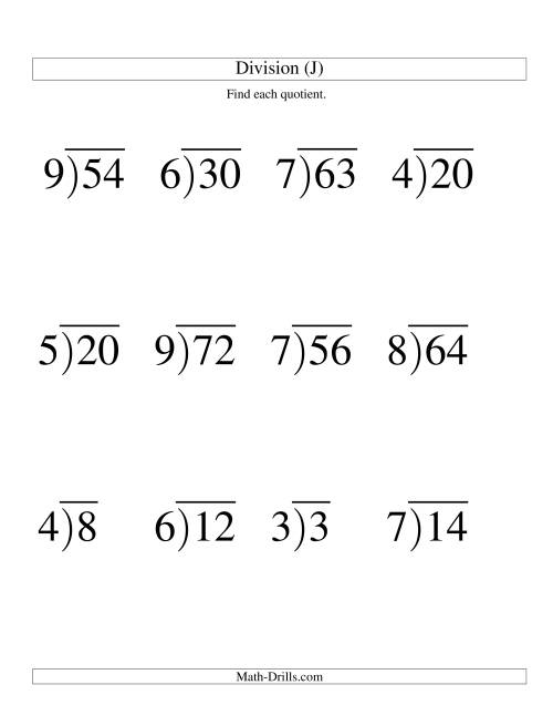 The Long Division - One-Digit Divisor and a One-Digit Quotient with No Remainder -- Large Print (J) Math Worksheet
