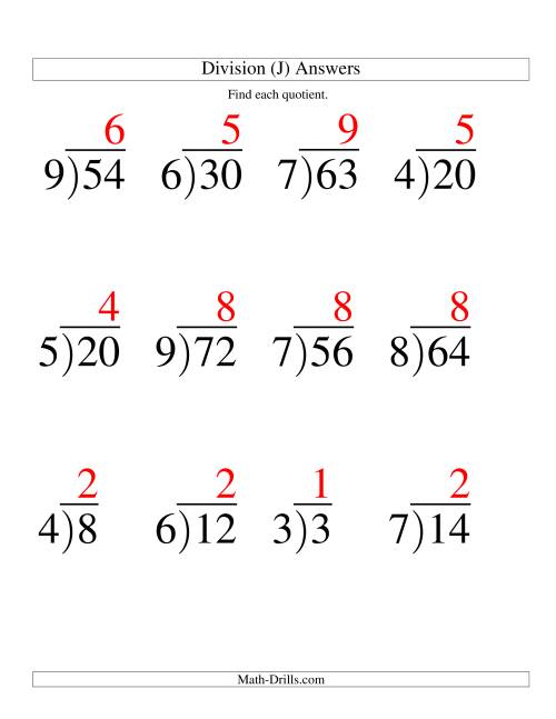 The Long Division - One-Digit Divisor and a One-Digit Quotient with No Remainder -- Large Print (J) Math Worksheet Page 2
