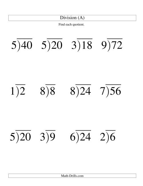 The Long Division - One-Digit Divisor and a One-Digit Quotient with No Remainder -- Large Print (All) Math Worksheet