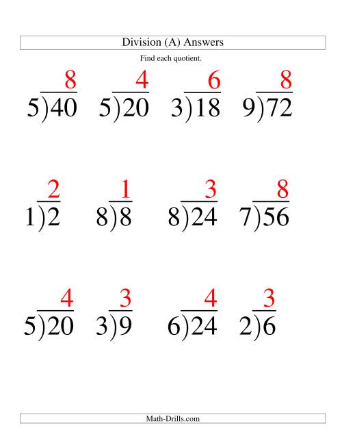 The Long Division - One-Digit Divisor and a One-Digit Quotient with No Remainder -- Large Print (All) Math Worksheet Page 2