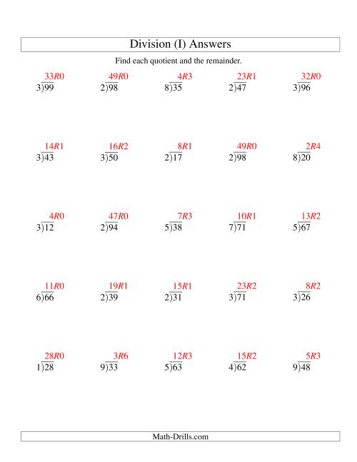 long division one digit divisor and a two digit dividend