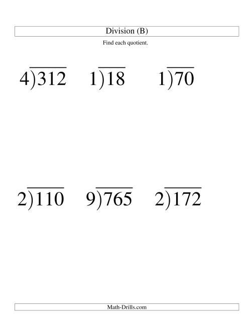 The Long Division - One-Digit Divisor and a Two-Digit Quotient with No Remainder -- Large Print (B) Math Worksheet
