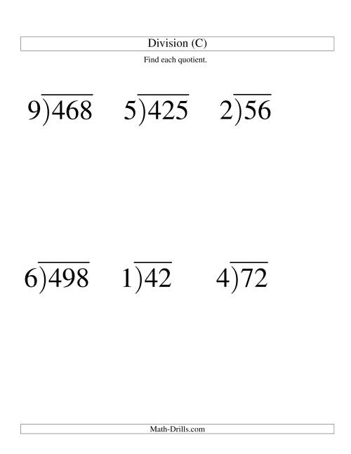 The Long Division - One-Digit Divisor and a Two-Digit Quotient with No Remainder -- Large Print (C) Math Worksheet