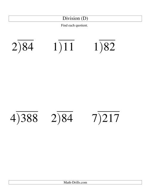 The Long Division - One-Digit Divisor and a Two-Digit Quotient with No Remainder -- Large Print (D) Math Worksheet