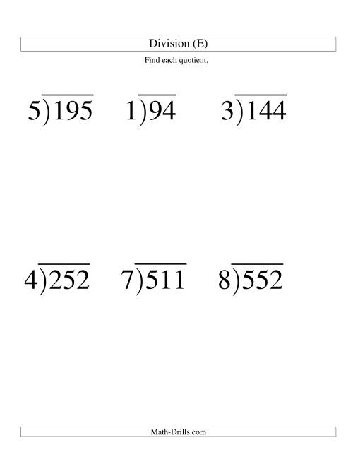 The Long Division - One-Digit Divisor and a Two-Digit Quotient with No Remainder -- Large Print (E) Math Worksheet