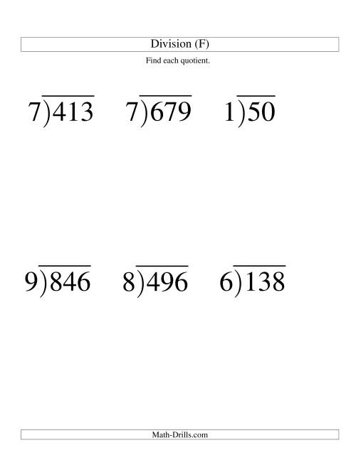 The Long Division - One-Digit Divisor and a Two-Digit Quotient with No Remainder -- Large Print (F) Math Worksheet