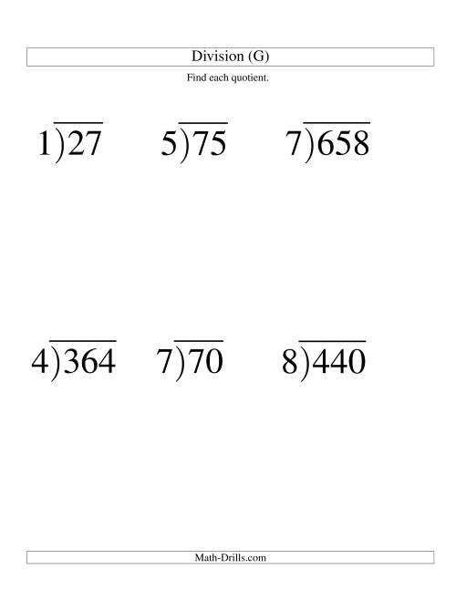 The Long Division - One-Digit Divisor and a Two-Digit Quotient with No Remainder -- Large Print (G) Math Worksheet