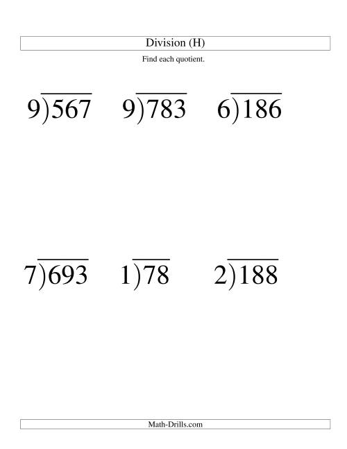 The Long Division - One-Digit Divisor and a Two-Digit Quotient with No Remainder -- Large Print (H) Math Worksheet
