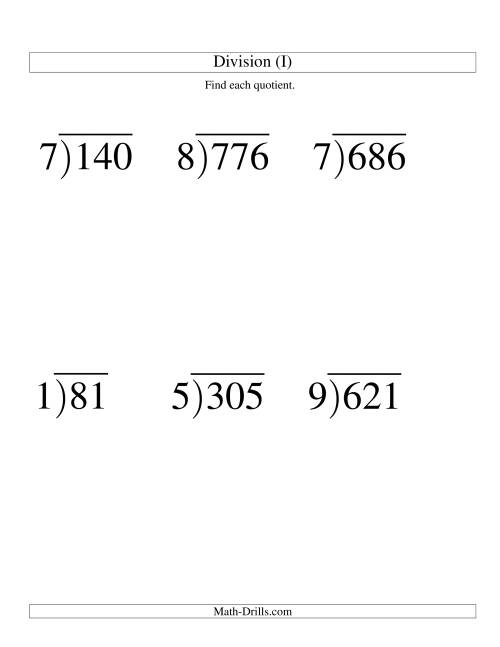 The Long Division - One-Digit Divisor and a Two-Digit Quotient with No Remainder -- Large Print (I) Math Worksheet