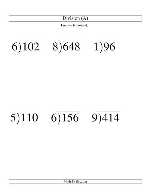 The Long Division - One-Digit Divisor and a Two-Digit Quotient with No Remainder -- Large Print (All) Math Worksheet
