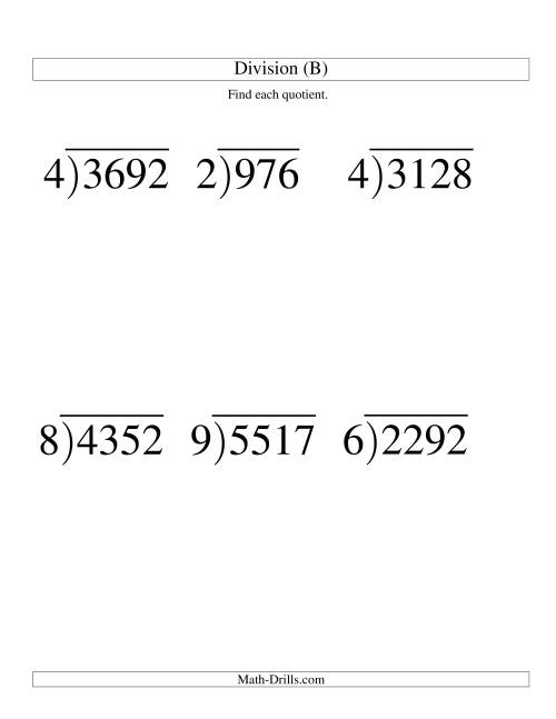 The Long Division - One-Digit Divisor and a Three-Digit Quotient with No Remainder -- Large Print (B) Math Worksheet