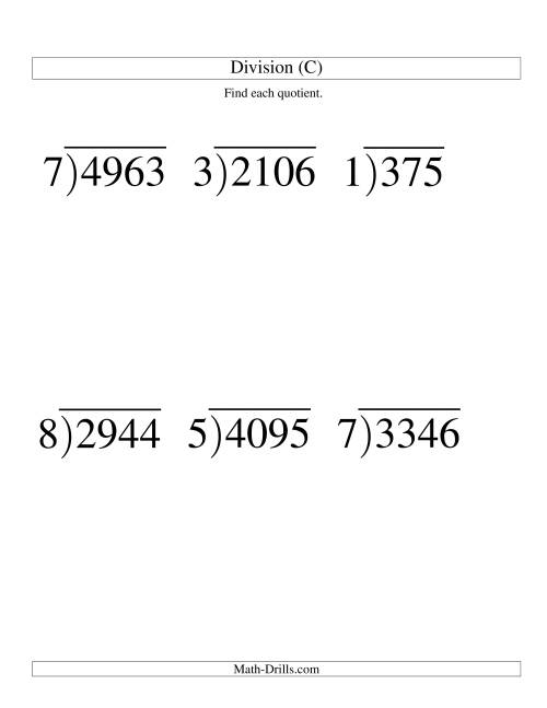 The Long Division - One-Digit Divisor and a Three-Digit Quotient with No Remainder -- Large Print (C) Math Worksheet