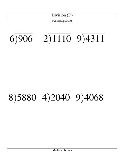 The Long Division - One-Digit Divisor and a Three-Digit Quotient with No Remainder -- Large Print (D) Math Worksheet